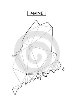 Polygonal abstract map state of Maine with connected triangular shapes formed from lines. Capital of state - Augusta