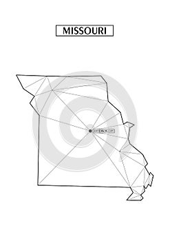 Polygonal abstract map state of Missouri with connected triangular shapes formed from lines. Capital of state -
