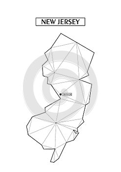 Polygonal abstract map state of New Jersey with connected triangular shapes formed from lines. Capital of state -