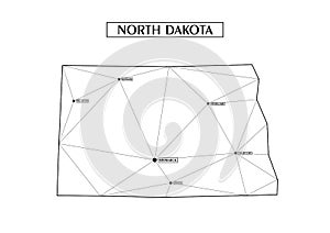 Polygonal abstract map state of North Dakota with connected triangular shapes formed from lines. Capital of state -