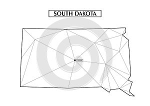 Polygonal abstract map state of South Dakota with connected triangular shapes formed from lines. Capital of state -