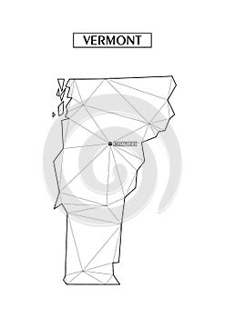 Polygonal abstract map state of Vermont with connected triangular shapes formed from lines. Capital of state -