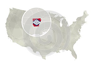 Polygonal abstract USA map with magnified Arkansas state