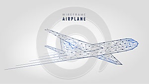 Polygonal airplane, wireframe structure. Template low poly plane on gray background vector illustration