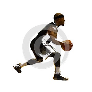 Polygonal basketball player in black jersey dribbling. African a