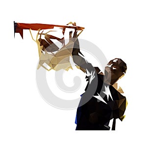 Polygonal basketball player dunking ball, abstract geometric vector silhouette
