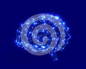 Polygonal brain shape with glowing lines and dots.