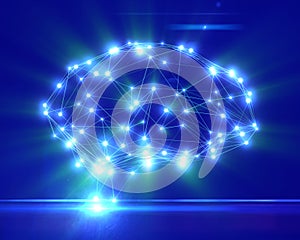 Polygonal brain shape with glowing lines and dots.