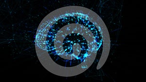 Polygonal brain shape with glowing lines and dots.