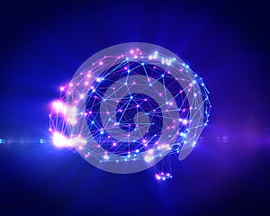 Polygonal brain shape with glowing lines and dots.