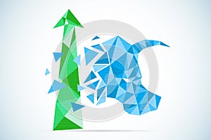 Polygonal bull symbol with green arrow, stock market and business concept