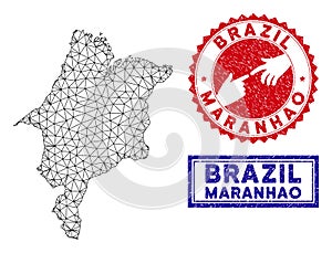 Polygonal Carcass Maranhao State Map and Grunge Stamps