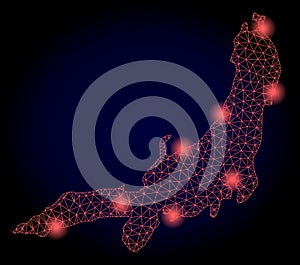 Polygonal Carcass Mesh Map of Honshu Island with Red Light Spots