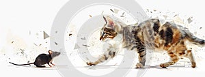 Polygonal cat chasing mouse, white background