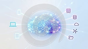 Polygonal cloud with connected devices and data icons. Cloud computing concept for network infrastructure and digital storage.