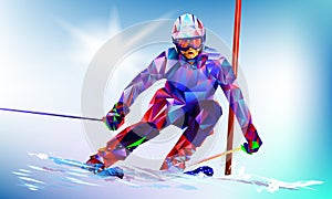 The polygonal colorful figure of Ski Jumping with on a white and blue background.