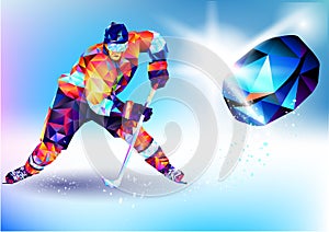 The polygonal colorful figure of a young man snowboarding with on a white and blue background. Vector illustration blue background