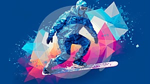 The polygonal colourful triangles figure of snowboarder, generative AI.