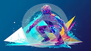 The polygonal colourful triangles figure of snowboarder, generative AI.