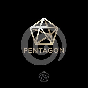 Polygonal crystal icon. Pentahedron logo. Five-pointed gold crystal and letters. photo
