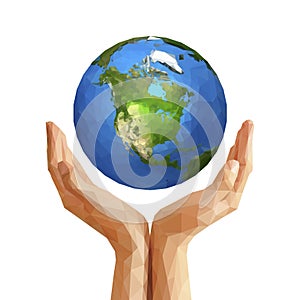 polygonal cupped hands that hold polygon planet earth america white