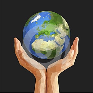 polygonal cupped hands that hold polygon planet earth europe gray