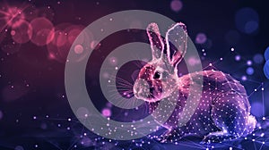 Polygonal Easter bunny hologram composed of sparkling points and lines on dark blurred lights backdrop