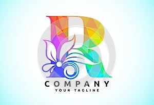 Polygonal floral letter R. Low poly style alphabet with botanical elements.