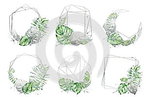 Polygonal frame with green and silver tropical leaves