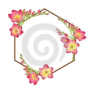 Polygonal geometric frame of a red freesia, bouquet, branch with buds