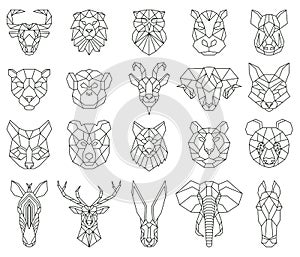 Polygonal geometric linear animal fox, deer, bear portraits. Animals heads, owl, lion, zebra and monkey triangular