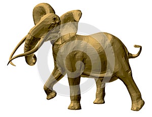Polygonal golden elephant model. An elephant isolated on a white background walks waving tusks and a trunk. 3D. Vector