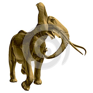 Polygonal golden elephant model. An elephant isolated on a white background walks waving tusks and a trunk. 3D. Vector