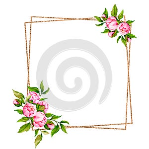 Polygonal golden frame with pink peonies composition. Watercolor design