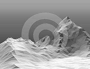 Polygonal gray snowy mountain peak and hills gradient background.