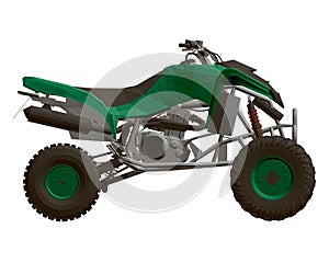 Polygonal green ATV isolated on a white background. Side view. 3D. Vector illustration