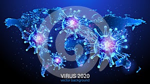 Polygonal image of a virus on the background of the planet Earth map. Vector. Dark blue abstract background.