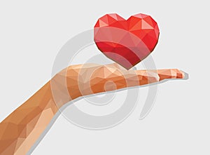 Polygonal left hand low poly disclosed flat palm heart love Vale
