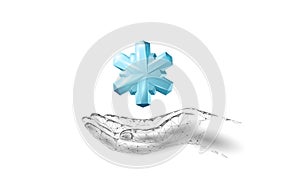 Polygonal low poly festive snowflake. Isolated 3D detailed render geometric triangle greeting card background. Ice snow