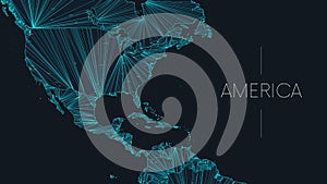 Polygonal map of the American continent with nodes linked by lines, vector global network concept poster, abstract illustration