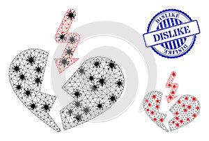 Polygonal Mesh Breakup Heart Icons with Infection Elements and Scratched Round Dislike Watermark