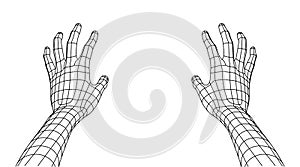 Polygonal Mesh or Wireframe Hands Open and Reaching in Front of Viewer. VR or Virtual Reality Concept