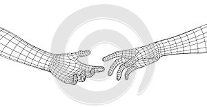 Polygonal Mesh or Wireframe Hands Reaching to Each Other