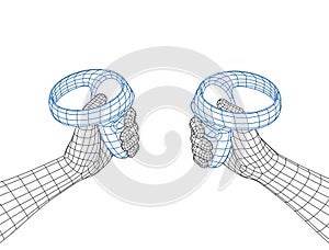 Polygonal Mesh or Wireframe Hands With VR Controllers in Front of Viewer. Virtual Reality Concept