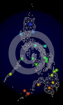 Polygonal Network Mesh Map of Philippines with Bright Light Spots