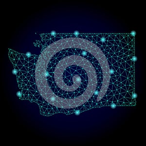 Polygonal Network Mesh Map of Washington State with Light Spots