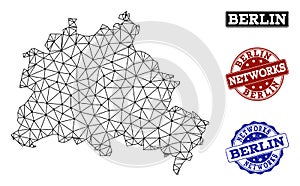 Polygonal Network Mesh Vector Map of Berlin City and Network Grunge Stamps