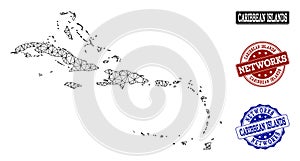 Polygonal Network Mesh Vector Map of Caribbean Islands and Network Grunge Stamps