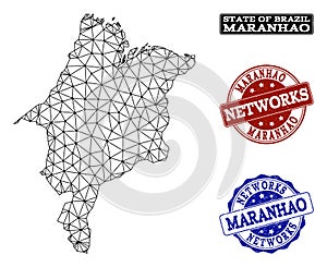 Polygonal Network Mesh Vector Map of Maranhao State and Network Grunge Stamps