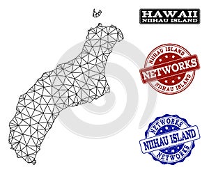Polygonal Network Mesh Vector Map of Niihau Island and Network Grunge Stamps